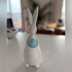 Easter White Ceramic Bunny Figurine with Blue Egg